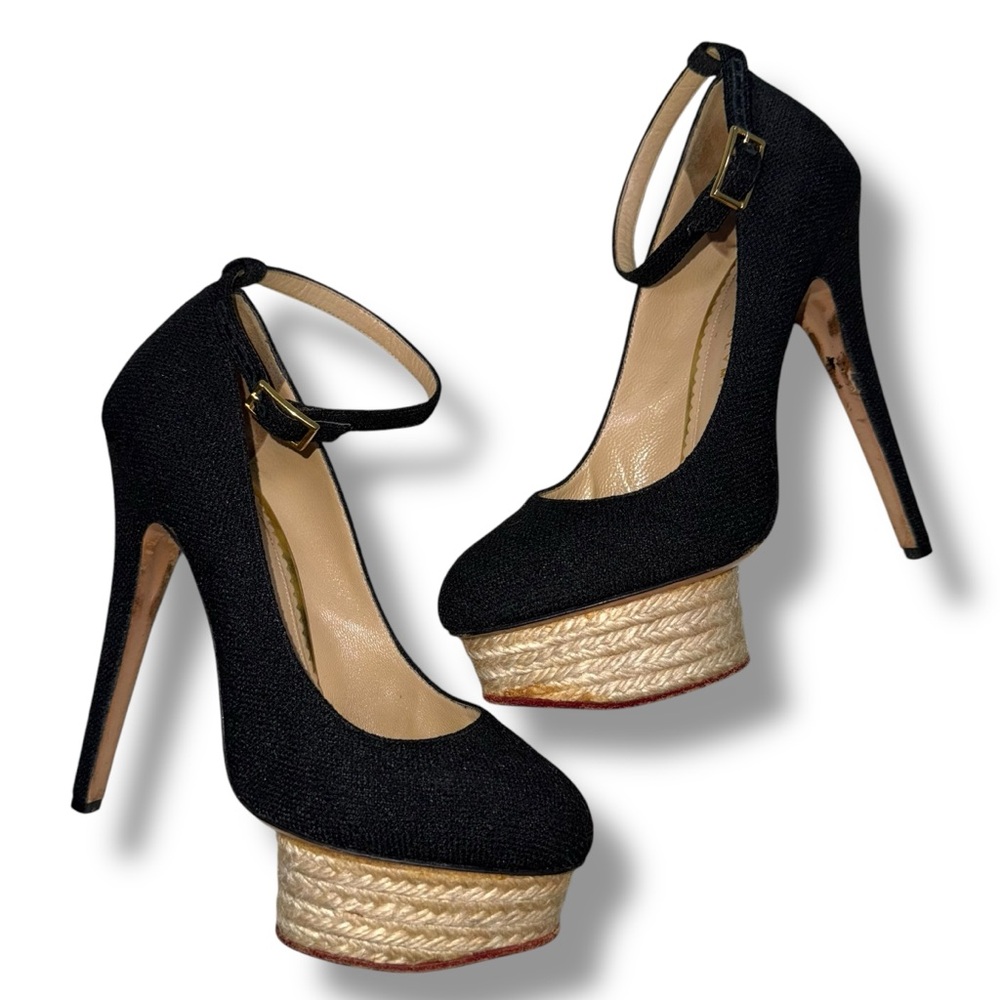 Charlotte Olympia Black Canvas Dolores Espadrille Platform Ankle-Strap Pumps